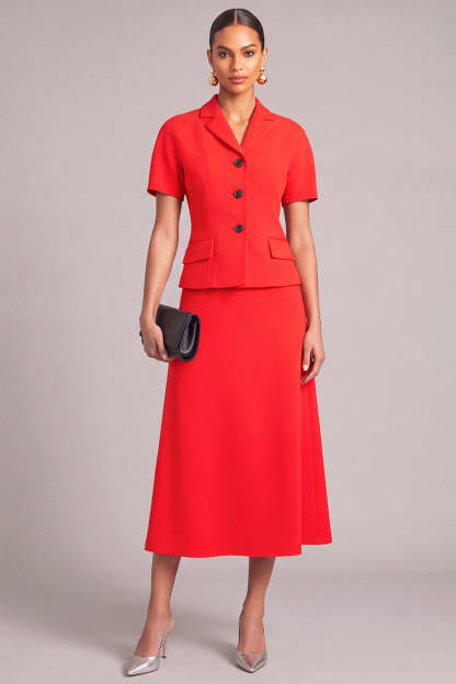 Leely Women Red Notched Lapel Midi Business suits 2 Piece A-Line Single Breasted Dress Suits with Sleeves