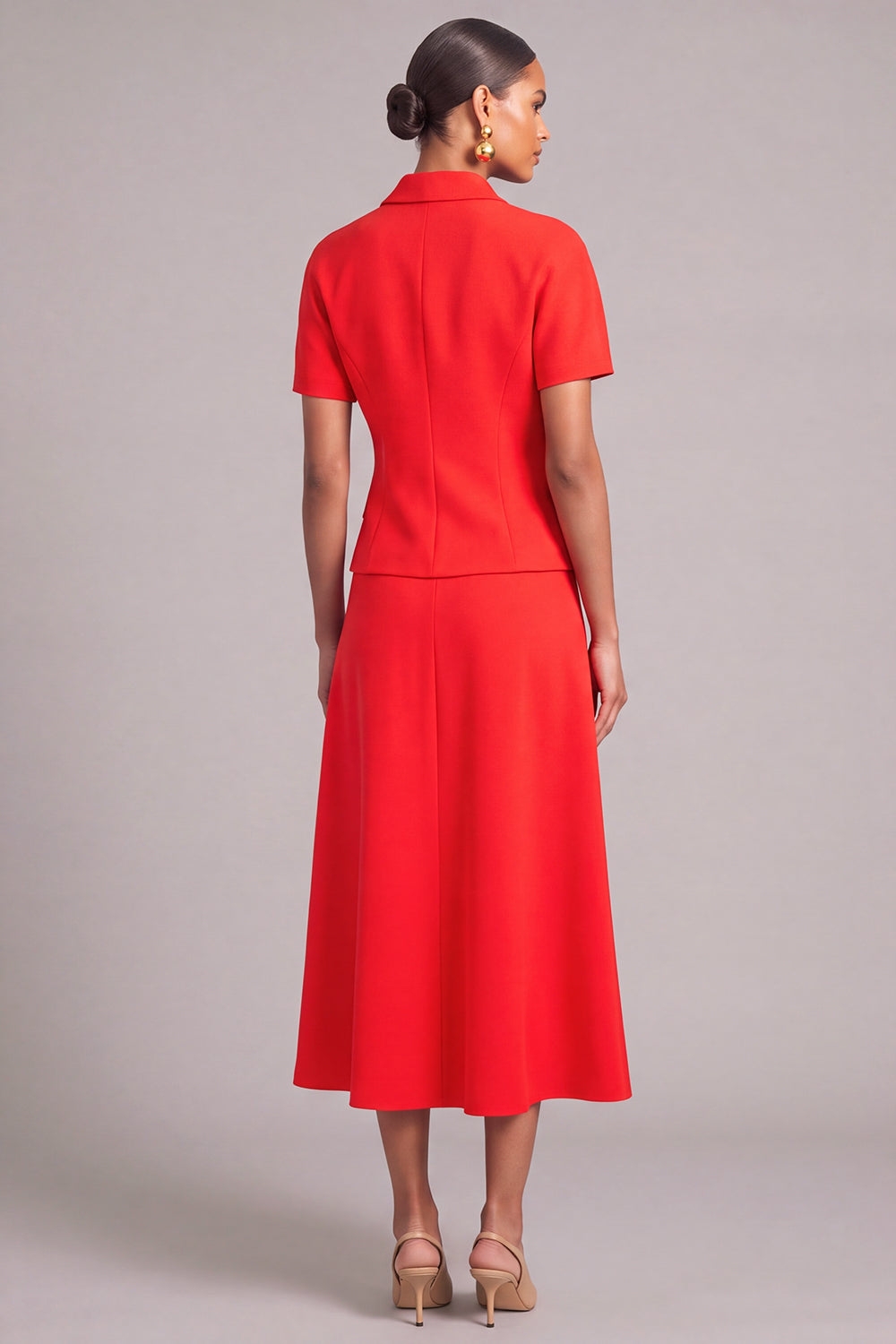Red Notched Lapel 2 Piece Single Breasted A-Line Midi Business Suits