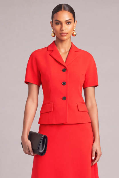 Red Notched Lapel 2 Piece Single Breasted A-Line Midi Business Suits