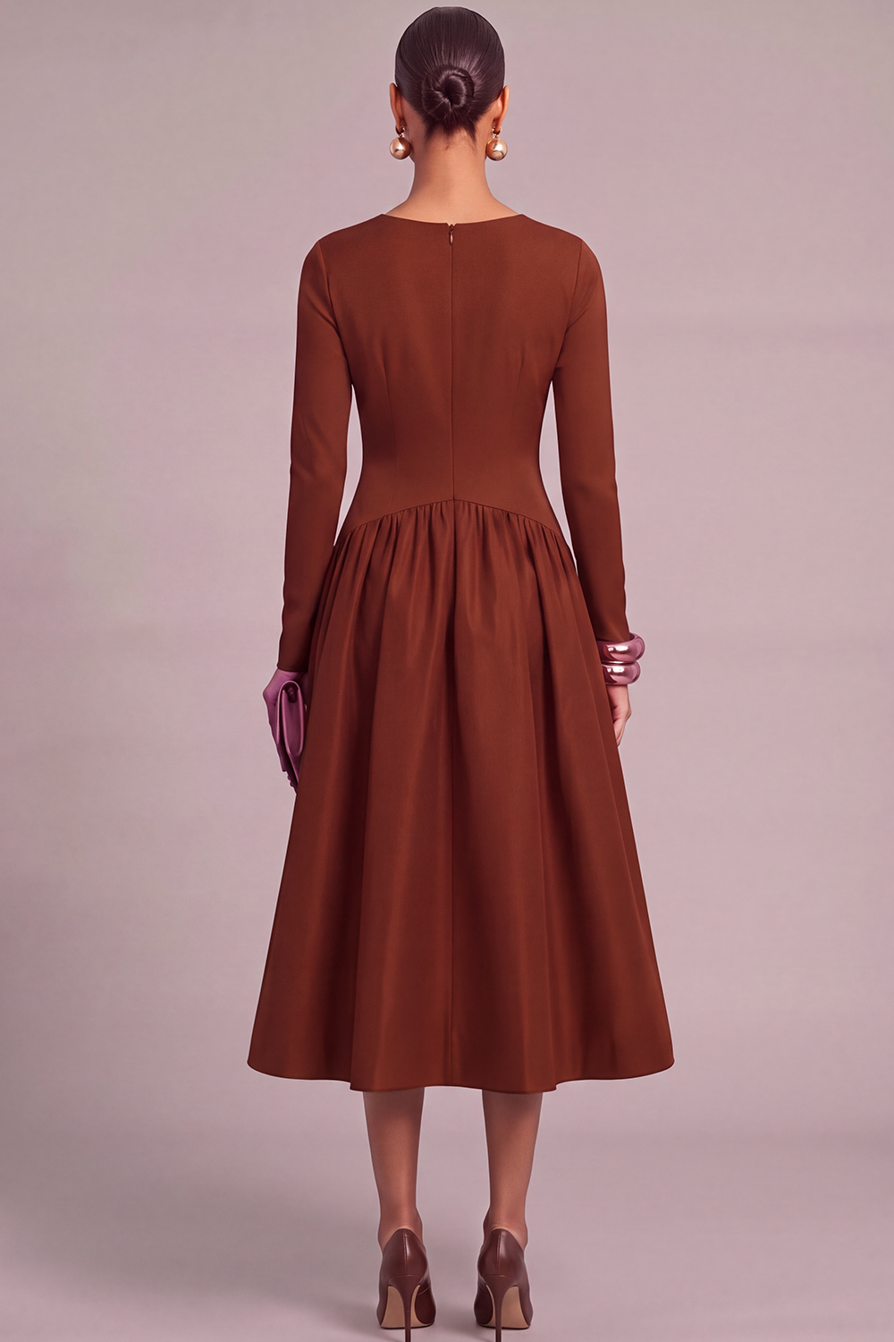 Plum A-Line V-Neck Ruched Midi Formal Dress with Sleeves