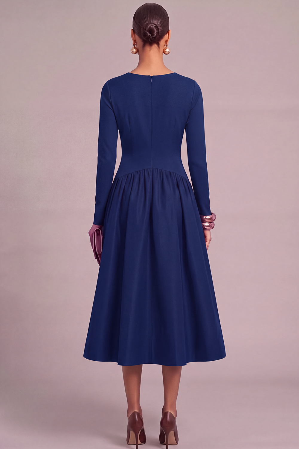 Plum A-Line V-Neck Ruched Midi Formal Dress with Sleeves