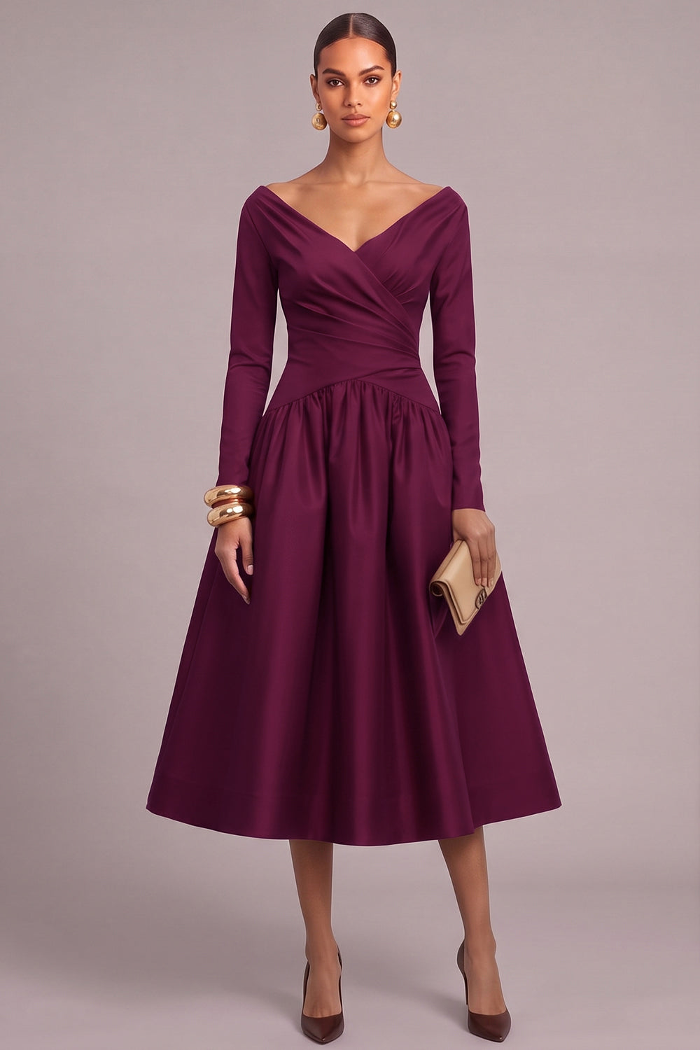Plum A-Line V-Neck Ruched Midi Formal Dress with Sleeves