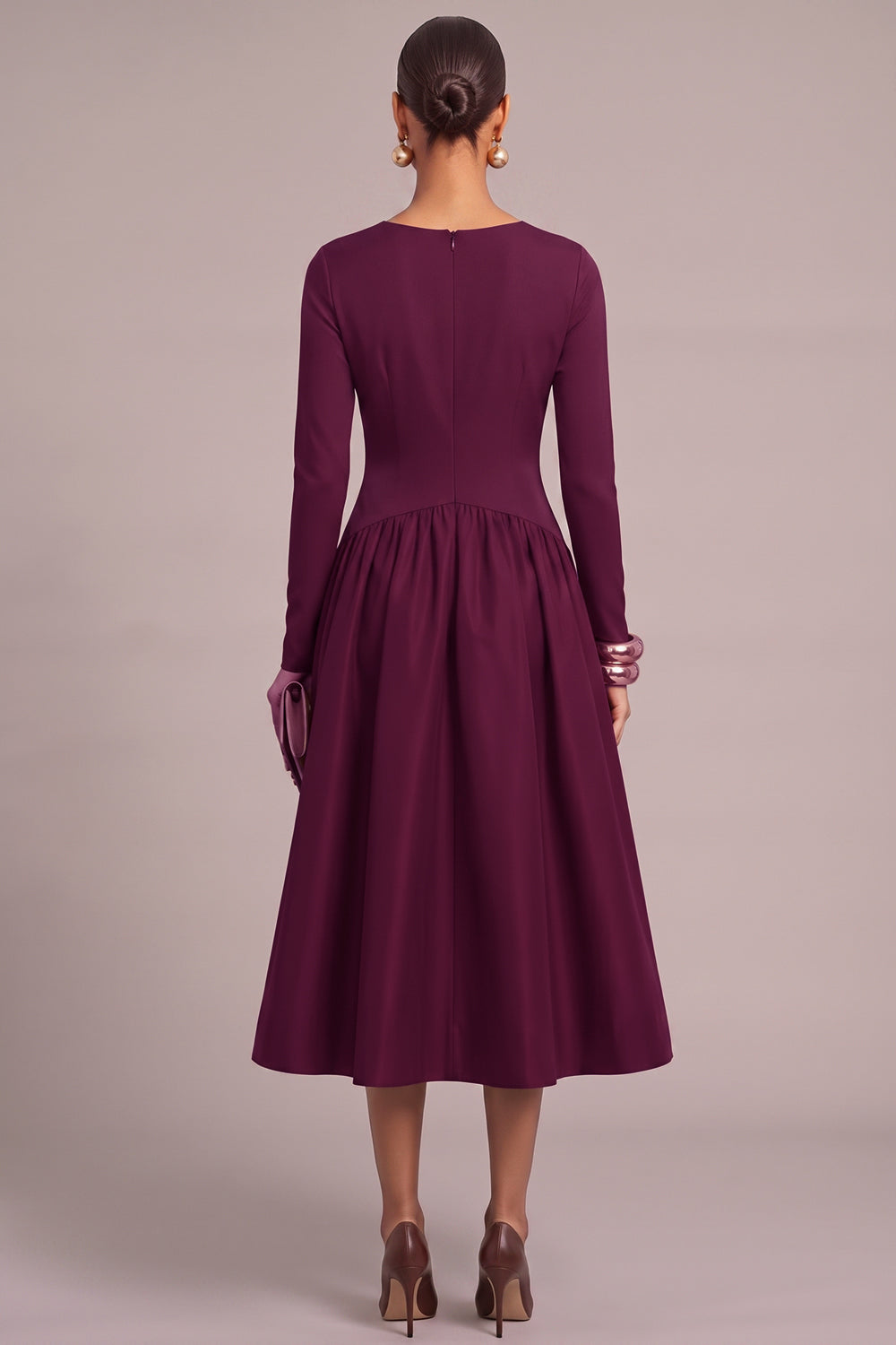 Plum A-Line V-Neck Ruched Midi Formal Dress with Sleeves