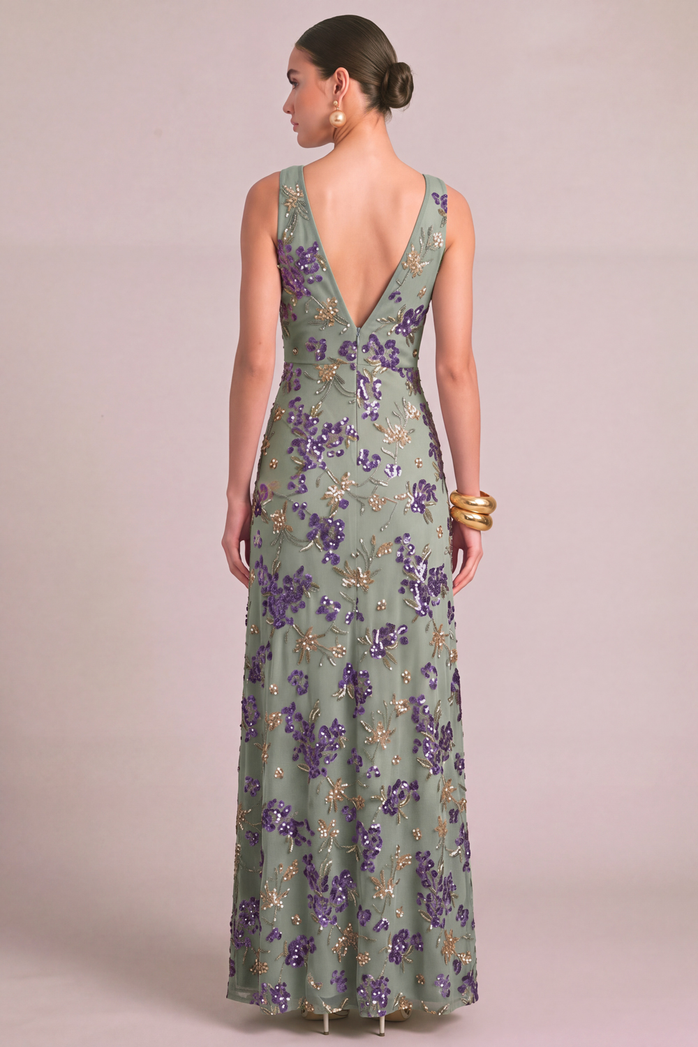 Sparkly Sequins Purple Mermaid V-Neck Floral Long Formal Dress with Slit