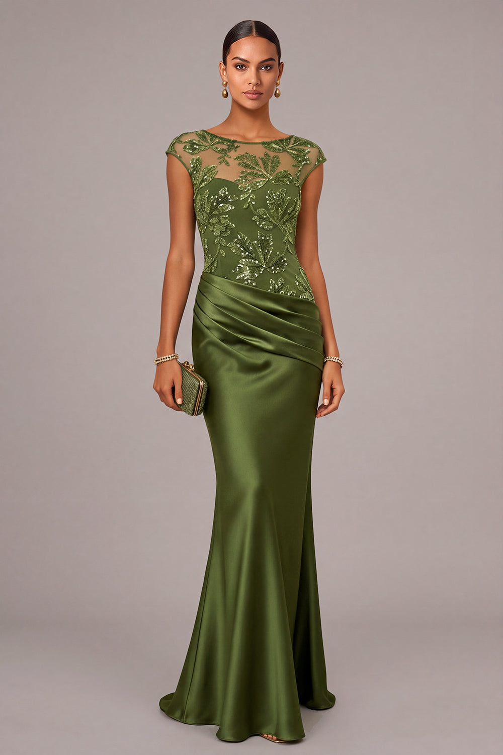 Leely Women Army Green Sparkly Sequins Appliqued Long Formal Dress Mermaid Illusion Neck Cap Sleeves Satin Ruched Wedding Guest Dress Fall