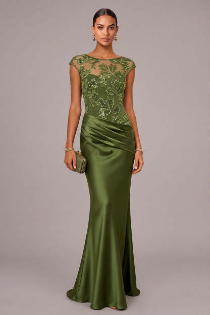 Leely Women Army Green Sparkly Sequins Appliqued Long Formal Dress Mermaid Illusion Neck Cap Sleeves Satin Ruched Wedding Guest Dress Fall