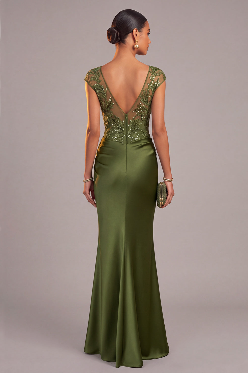 Leely Women Army Green Sparkly Sequins Appliqued Long Formal Dress Mermaid Illusion Neck Cap Sleeves Satin Ruched Wedding Guest Dress Fall