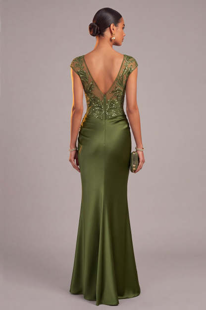 Leely Women Army Green Sparkly Sequins Appliqued Long Formal Dress Mermaid Illusion Neck Cap Sleeves Satin Ruched Wedding Guest Dress Fall