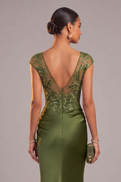 Sparkly Sequins Army Green Mermaid Illusion Neck Long Formal Dress with Appliques