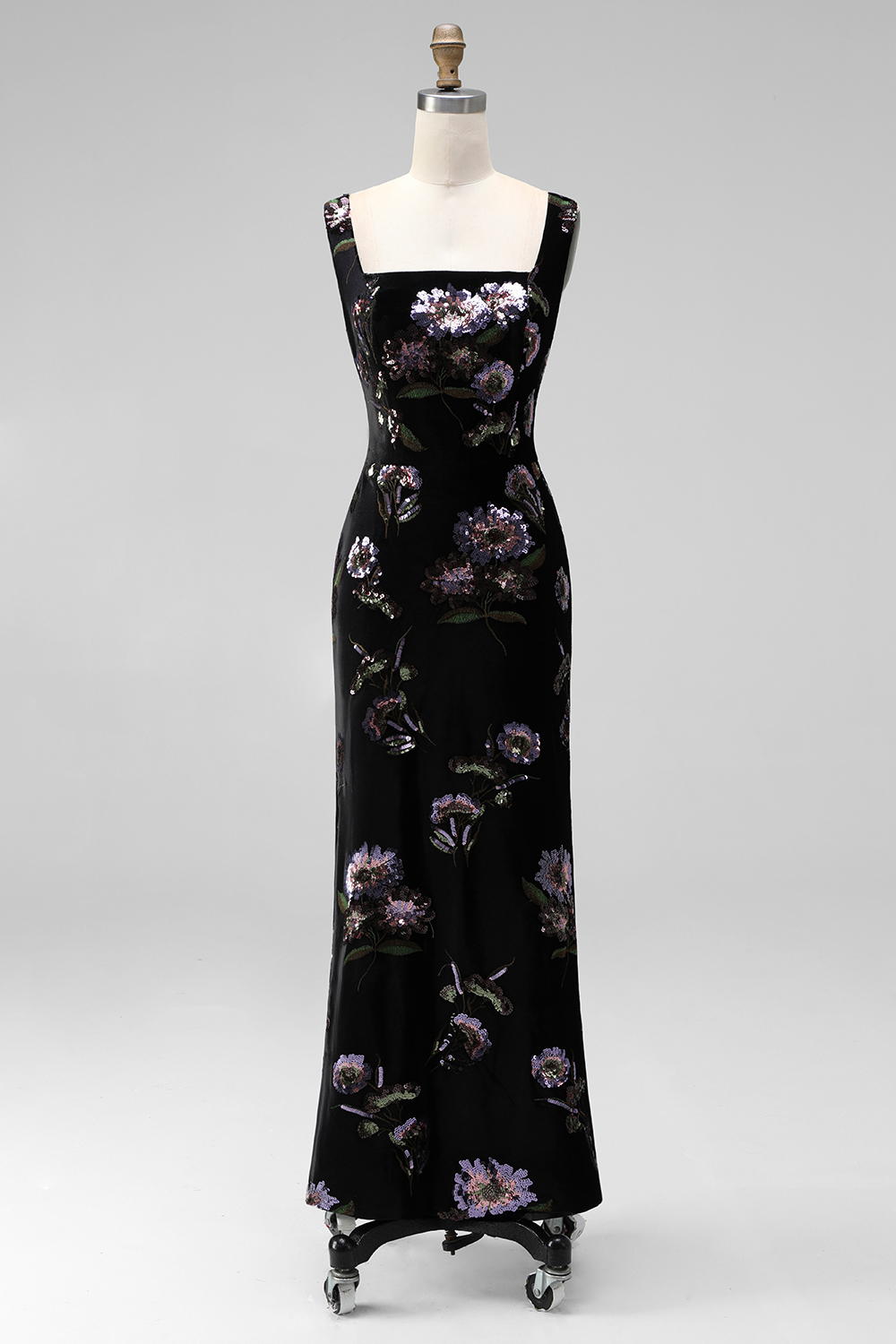 Black Mermaid Velvet Square Neck Floral Long Formal Dress