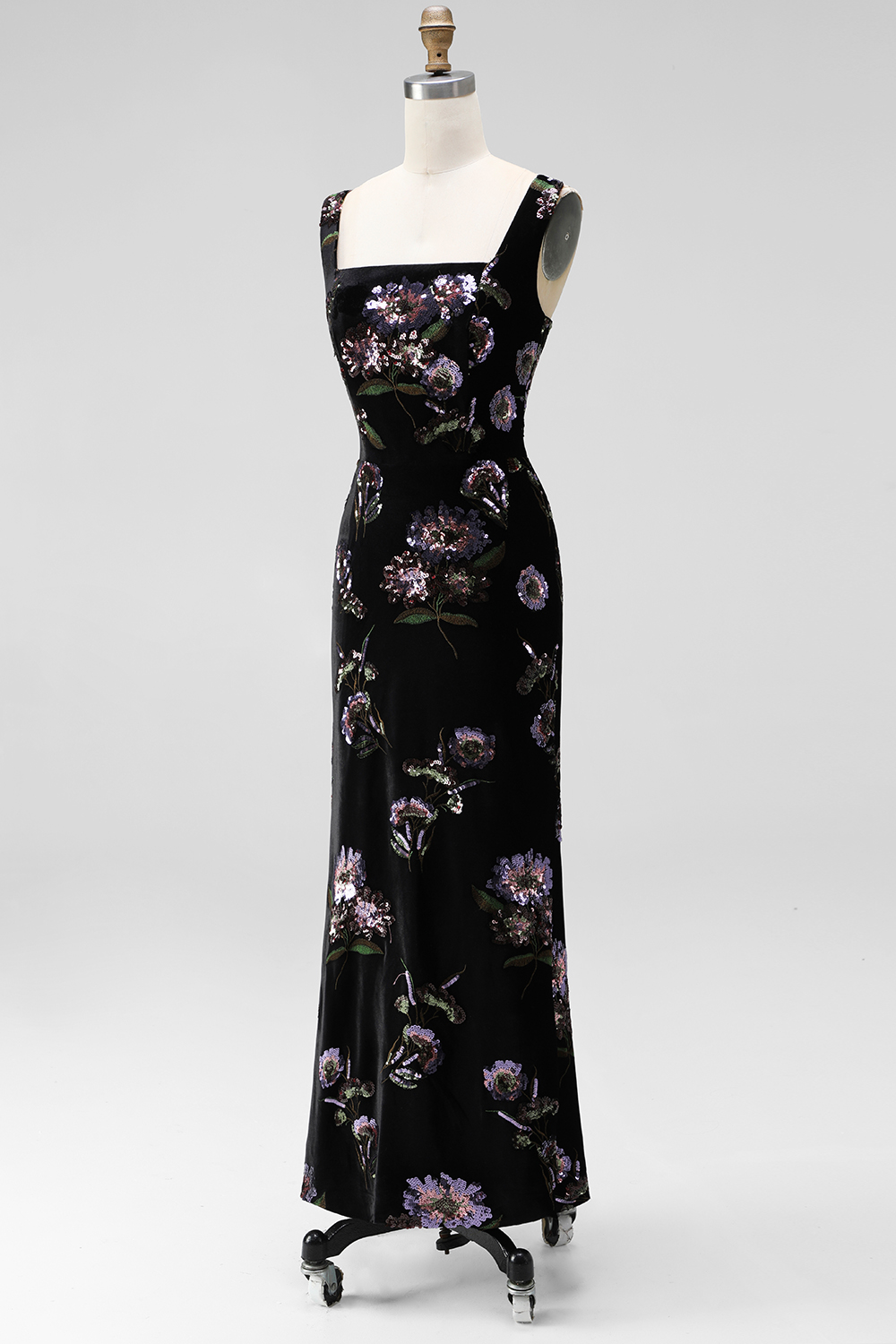 Black Mermaid Velvet Square Neck Floral Long Formal Dress
