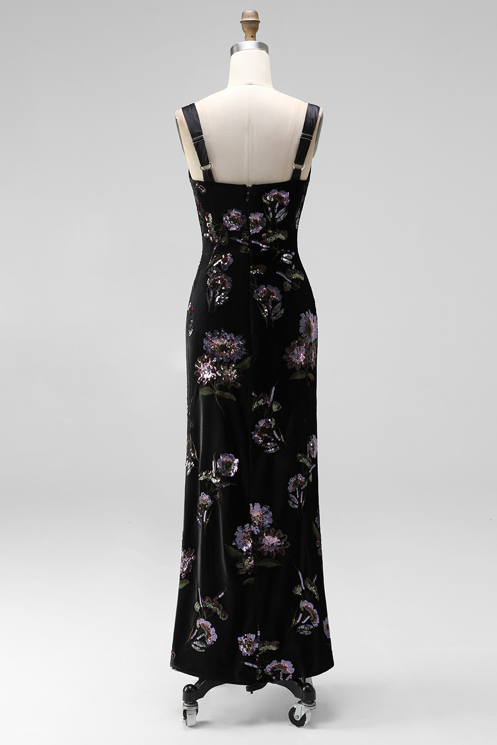 Black Mermaid Velvet Square Neck Floral Long Formal Dress