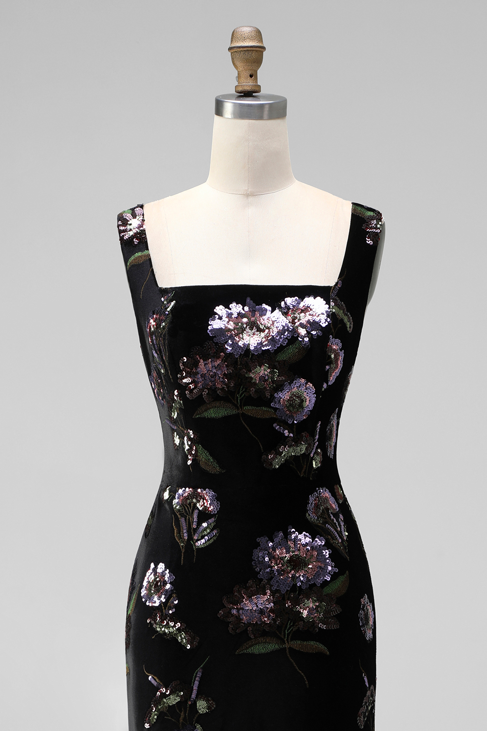 Black Mermaid Velvet Square Neck Floral Long Formal Dress