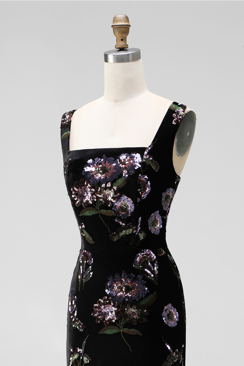 Black Mermaid Velvet Square Neck Floral Long Formal Dress