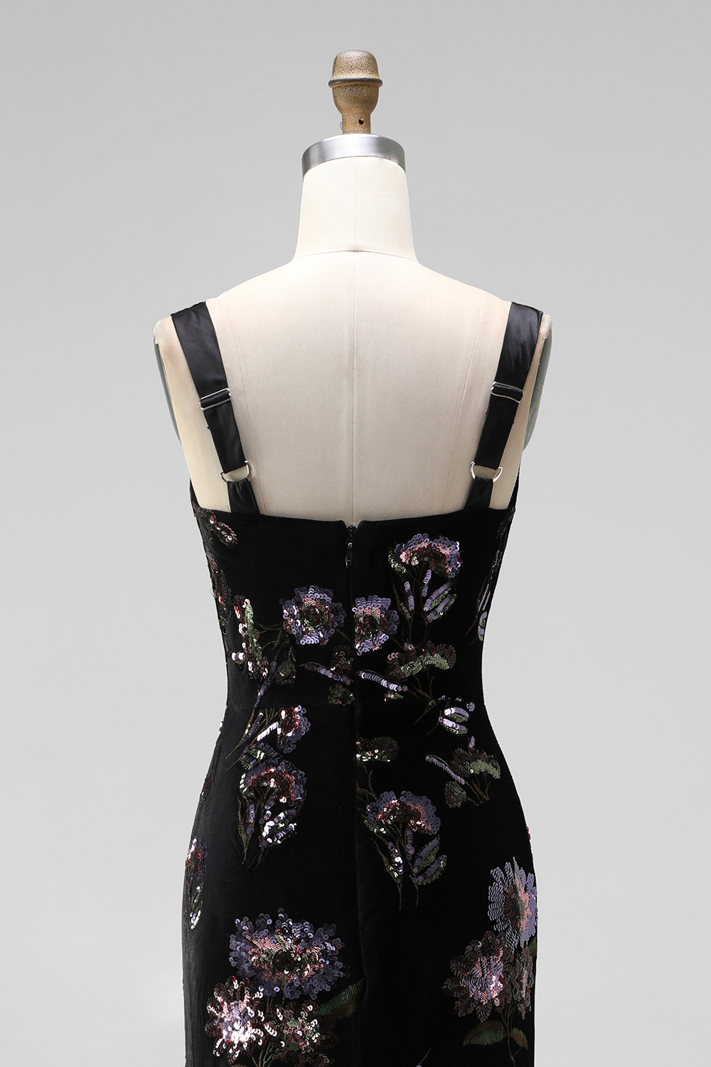 Black Mermaid Velvet Square Neck Floral Long Formal Dress
