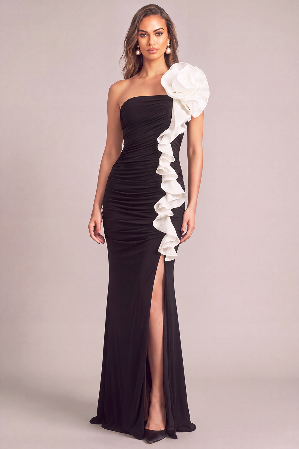 Black Mermaid One Shoulder Ruched Long Formal Dress with Ruffles