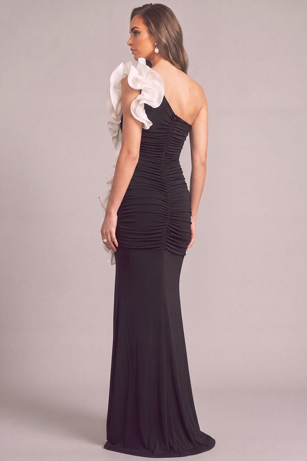 Black Mermaid One Shoulder Ruched Long Formal Dress with Ruffles