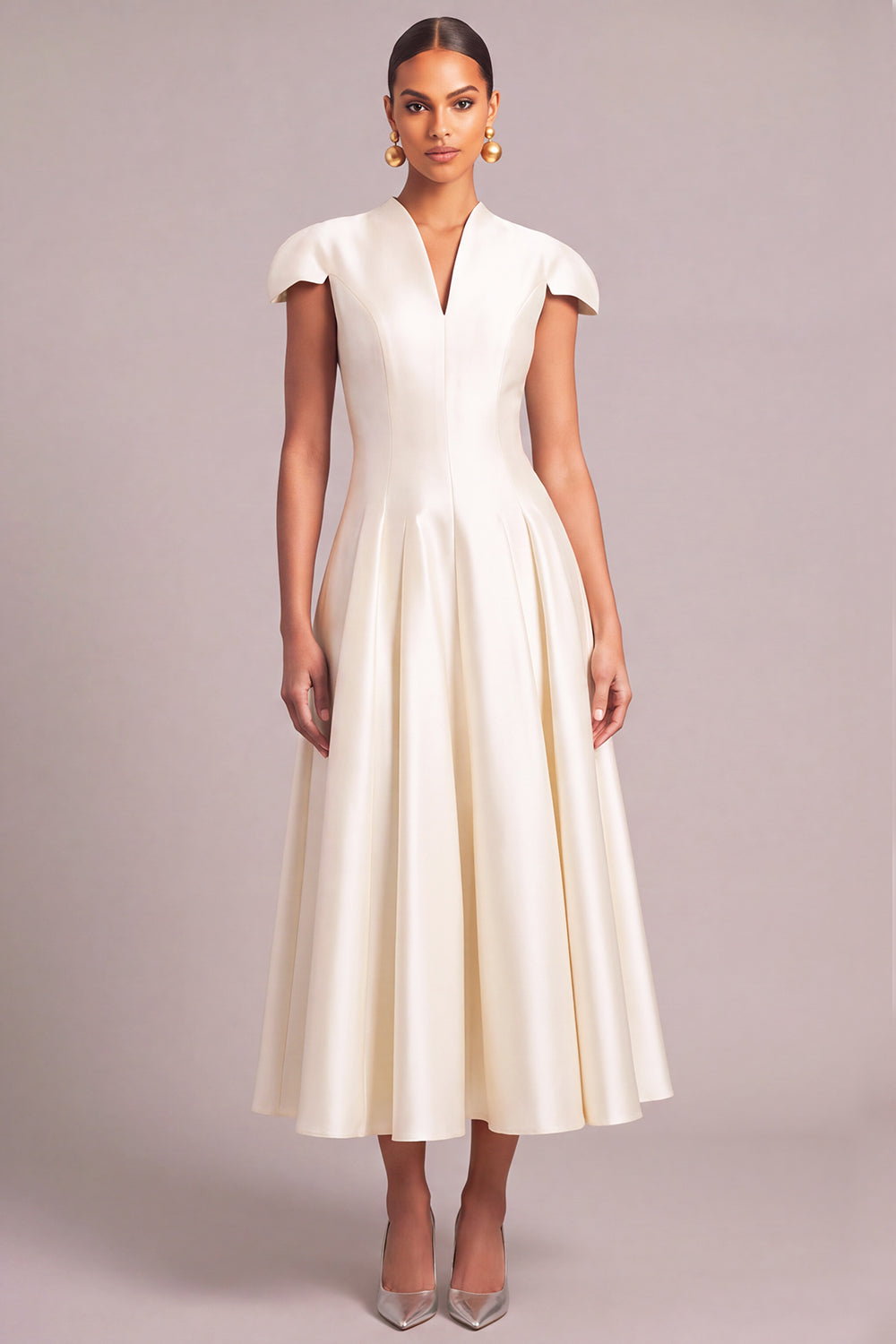 Leely Women Pleated White Midi Formal Dress Satin A-Line V-Neck Cap Sleeves Engagement Dress