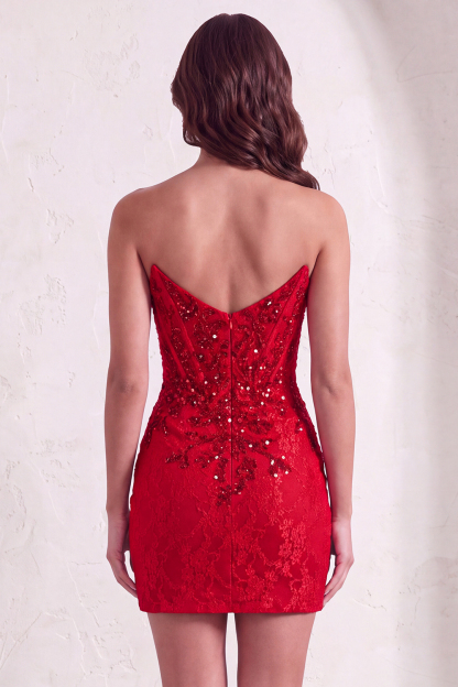 Red Sparkly Corset Bodycon Strapless Short Homecoming Dress