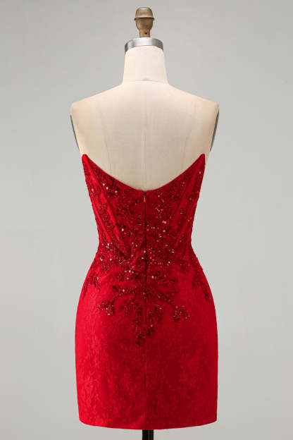 Red Sparkly Corset Bodycon Strapless Short Homecoming Dress