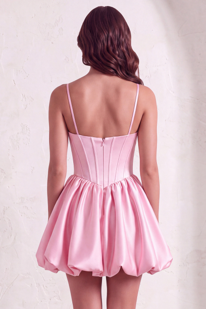 Leely Women Sparkly Sequins Pink Short Corset Homecoming Dress Satin Pleated A-Line Spaghetti Straps Cocktail Dress Wedding Guest Dress Fall