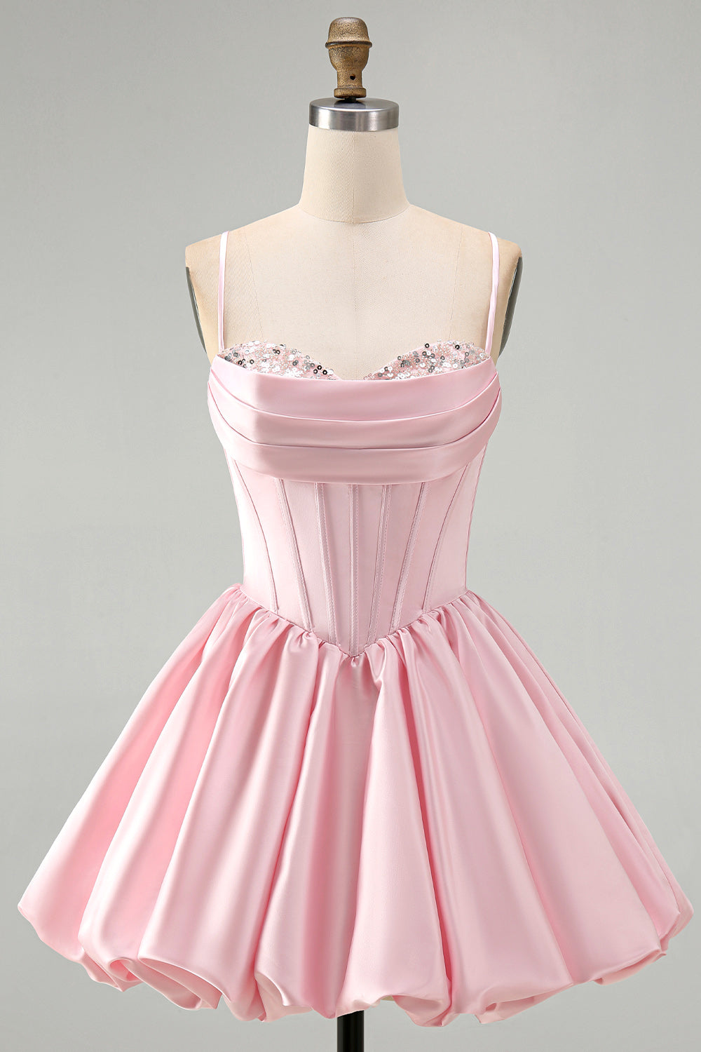 Sparkly Pink Corset Spaghetti Straps Short Homecoming Dress with Sequins