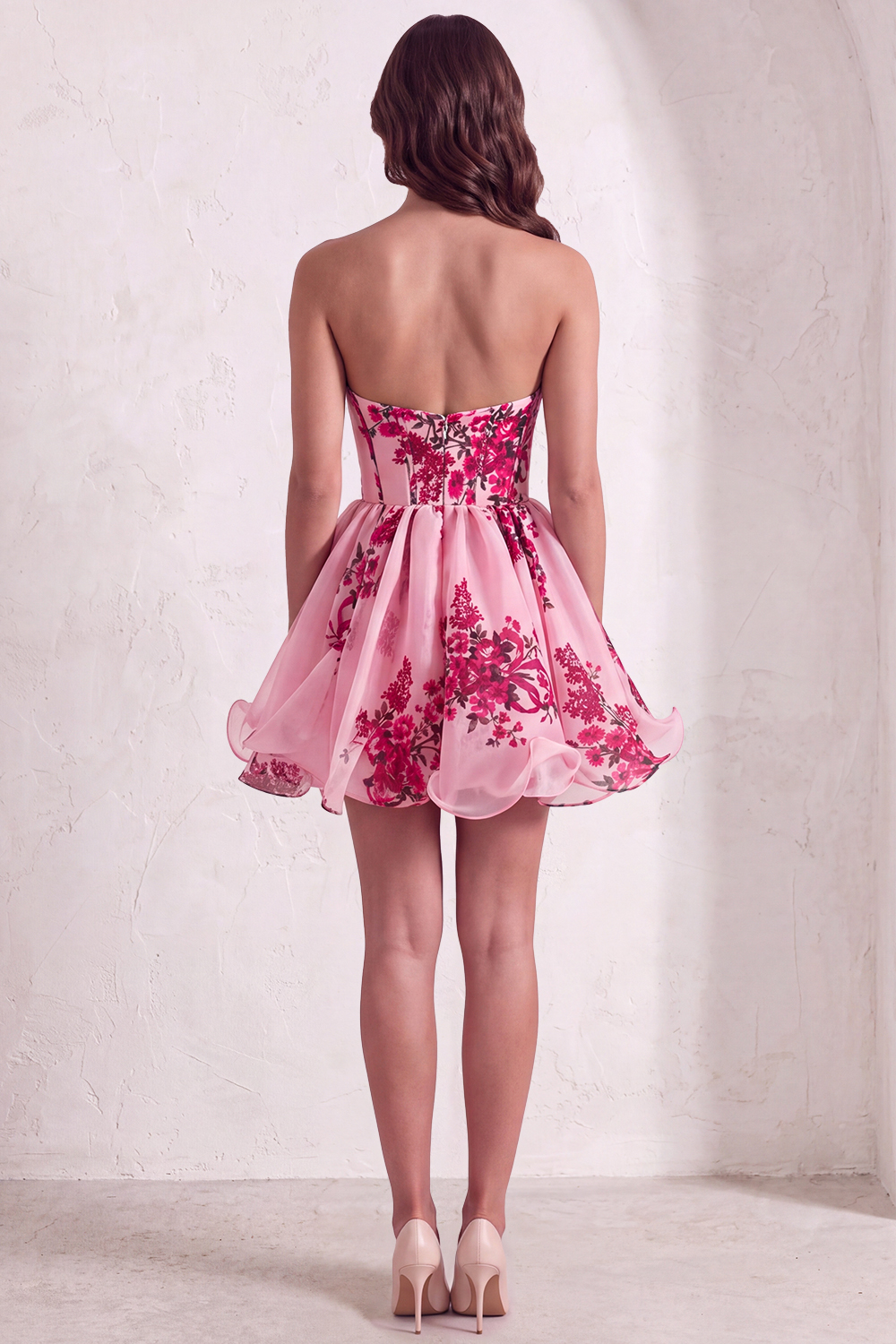 Pink Floral Corset Strapless Short Homecoming Dress