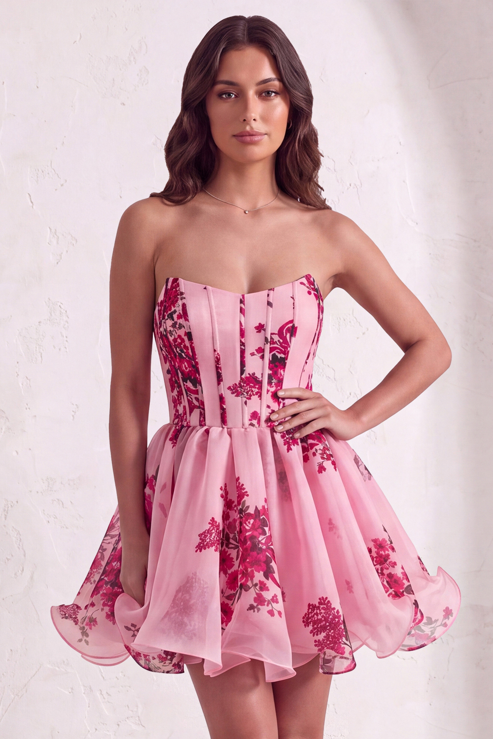 Leely Women Pink Floral Corset Short Homecoming Dress A-Line Strapless Cocktail Dress