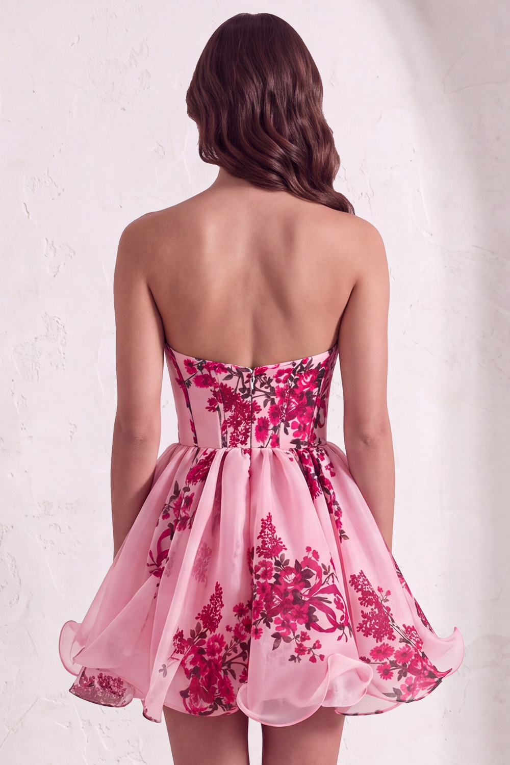 Pink Floral Corset Strapless Short Homecoming Dress