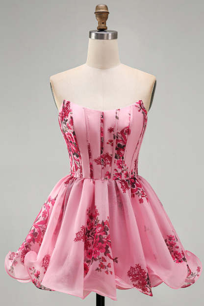 Pink Floral Corset Strapless Short Homecoming Dress