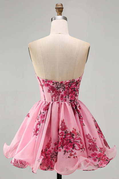 Pink Floral Corset Strapless Short Homecoming Dress