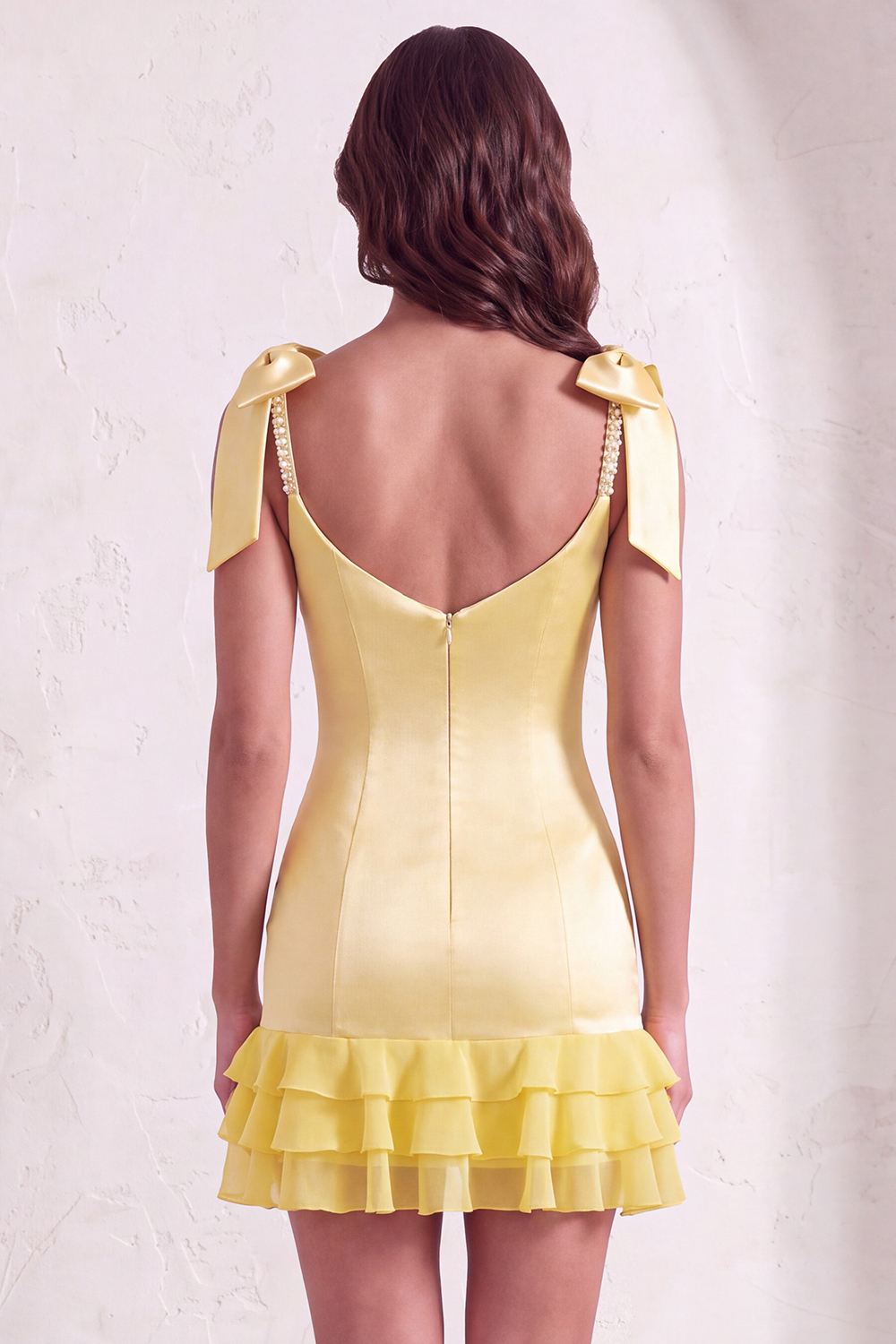 Sparkly Beaded Square Neck Yellow Bodycon Ruffled Short Homecoming Dress with Pearls