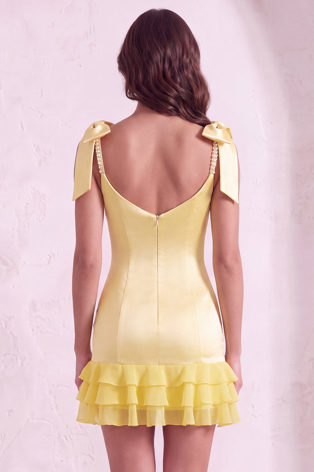 Sparkly Beaded Square Neck Yellow Bodycon Ruffled Short Homecoming Dress with Pearls