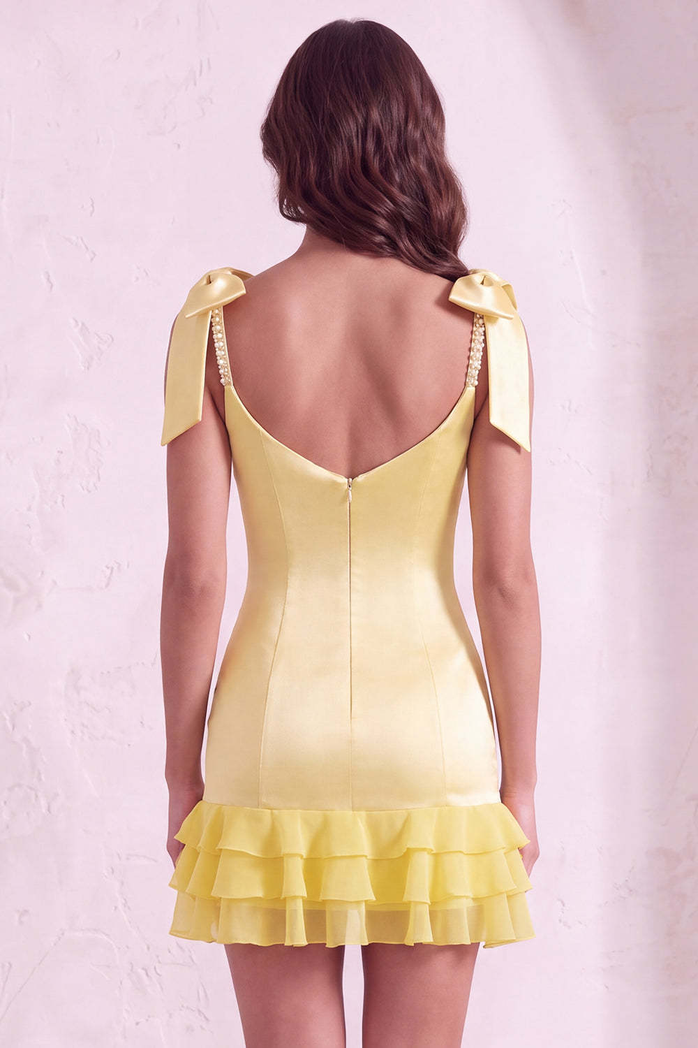Sparkly Beaded Square Neck Yellow Bodycon Ruffled Short Homecoming Dress with Pearls