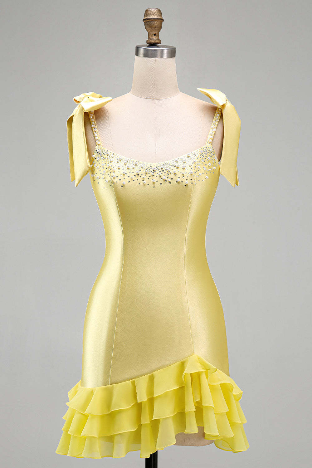 Sparkly Beaded Square Neck Yellow Bodycon Ruffled Short Homecoming Dress with Pearls