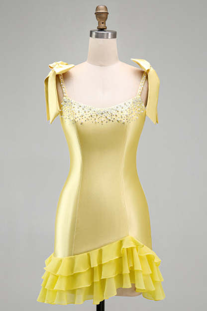 Sparkly Beaded Square Neck Yellow Bodycon Ruffled Short Homecoming Dress with Pearls