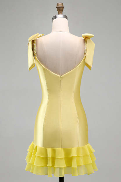 Sparkly Beaded Square Neck Yellow Bodycon Ruffled Short Homecoming Dress with Pearls