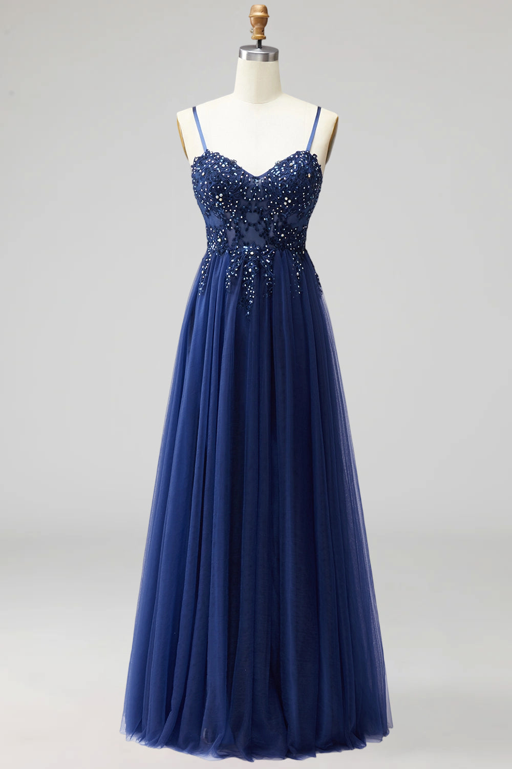 Navy Sparkly Sequins Spaghetti Straps A-Line Long Formal Dress
