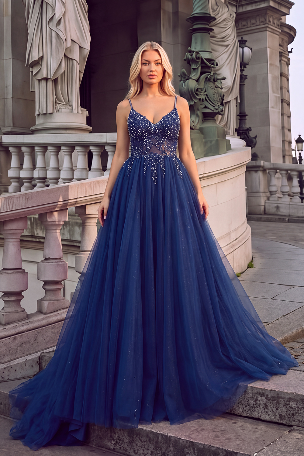 Leely Women Navy Sparkly Sequins Long Formal Dress Lace Up Spaghetti Straps A-Line Tulle Wedding Guest Dress