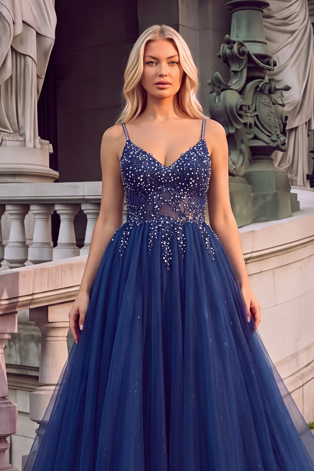 Navy Sparkly Sequins Spaghetti Straps A-Line Long Formal Dress