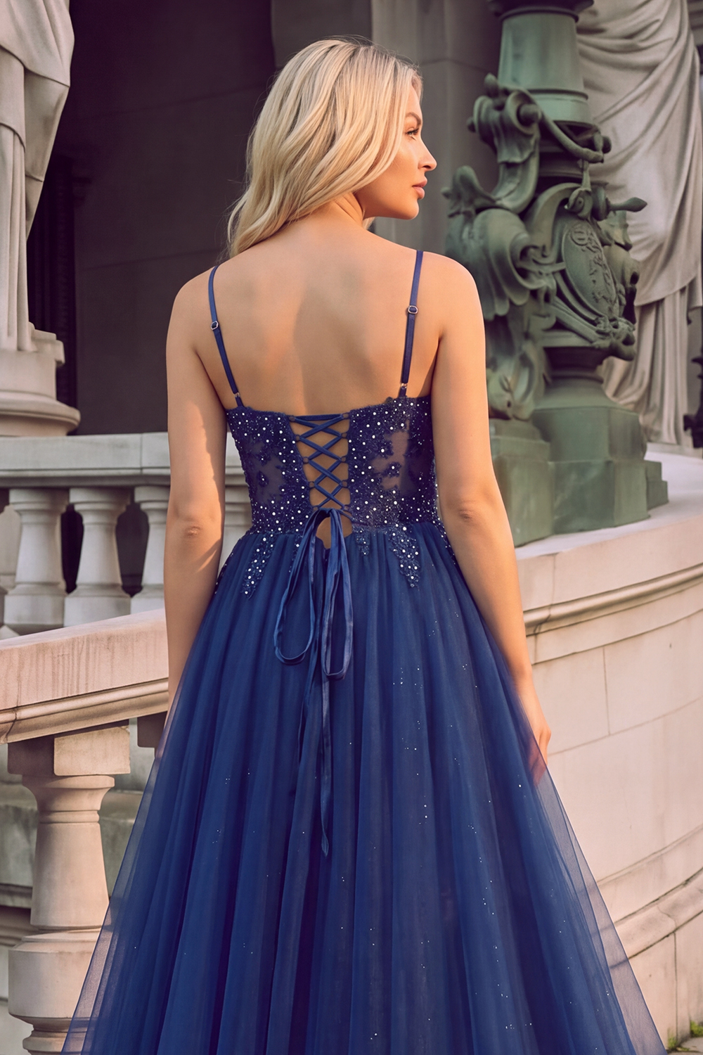 Navy Sparkly Sequins Spaghetti Straps A-Line Long Formal Dress