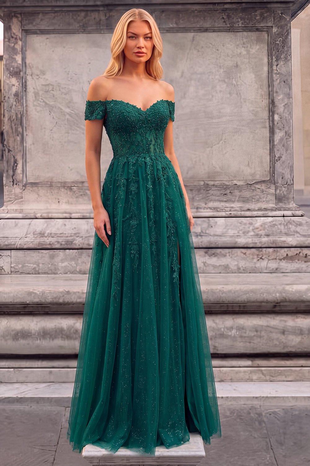 Sparkly Beaded Dark Green Off the Shoulder Long Formal Dress with Slit