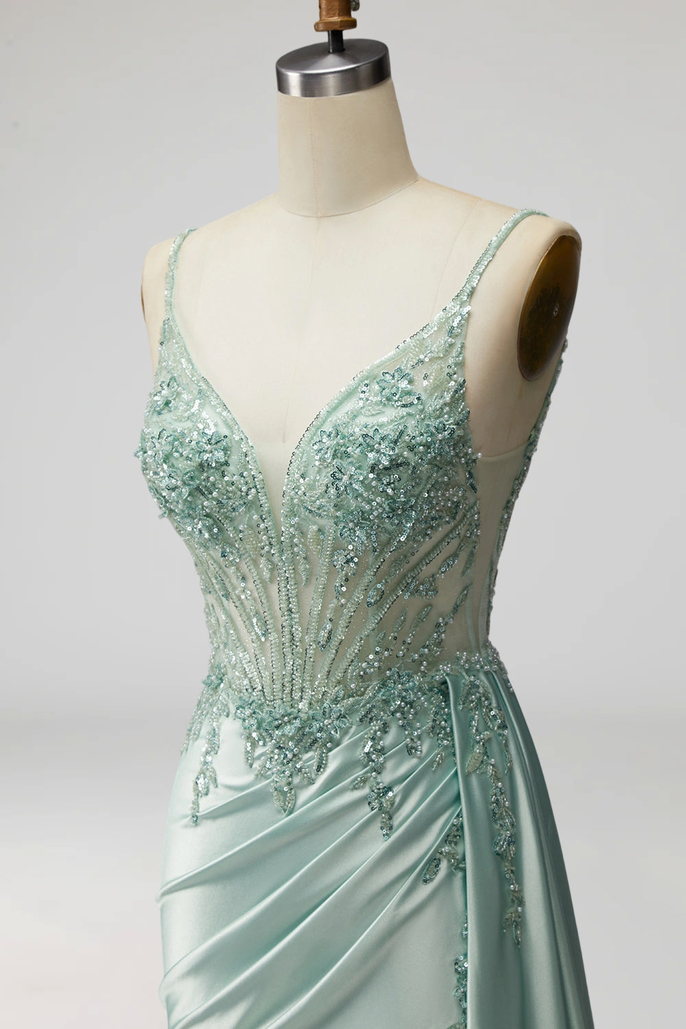 Light Green Sparkly Beaded Corset Mermaid Ruched Long Prom Dress with Slit