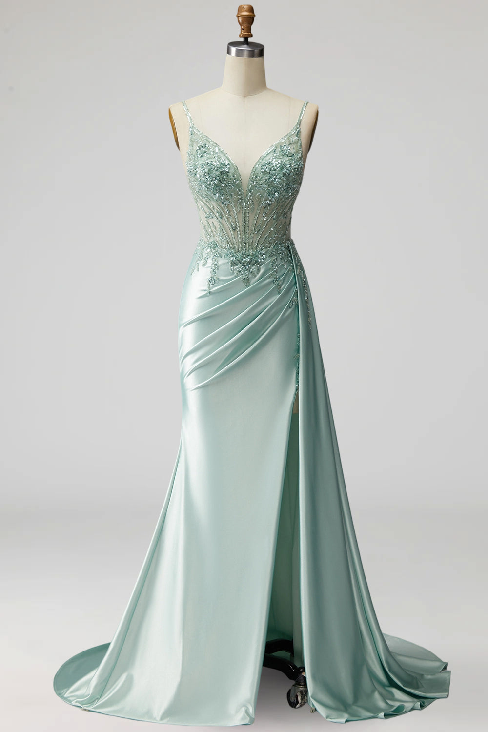 Light Green Sparkly Beaded Corset Mermaid Ruched Long Prom Dress with Slit