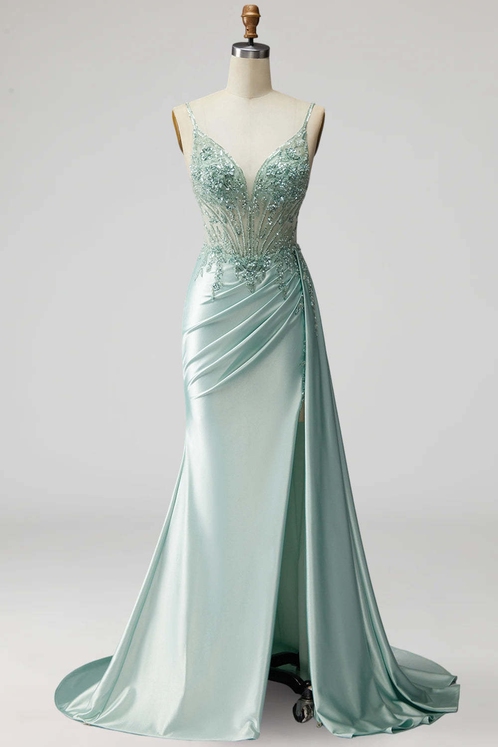 Light Green Sparkly Beaded Corset Mermaid Ruched Long Prom Dress with Slit
