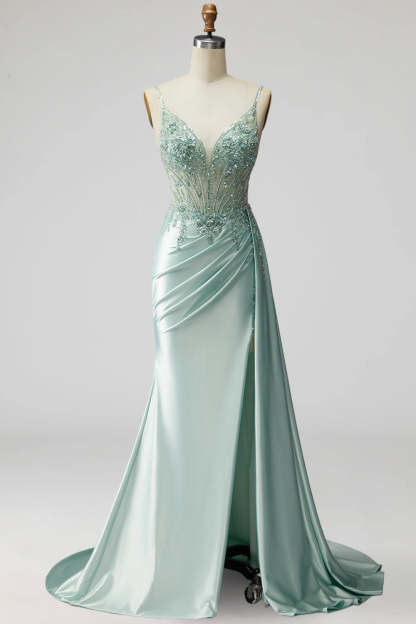 Light Green Sparkly Beaded Corset Mermaid Ruched Long Prom Dress with Slit