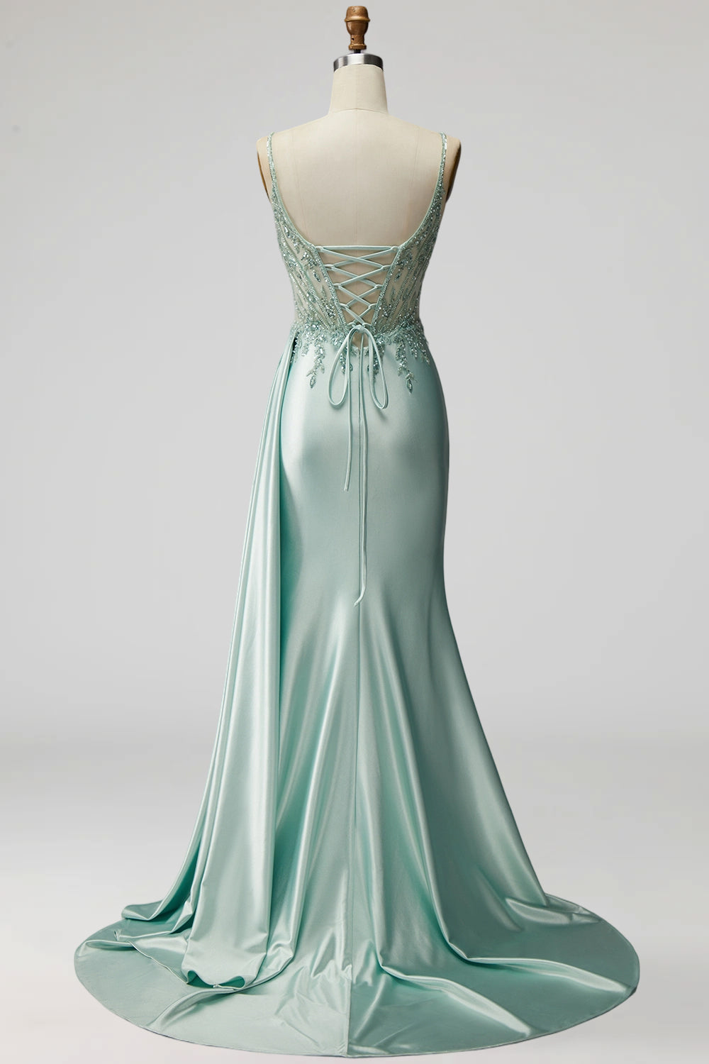 Light Green Sparkly Beaded Corset Mermaid Ruched Long Prom Dress with Slit