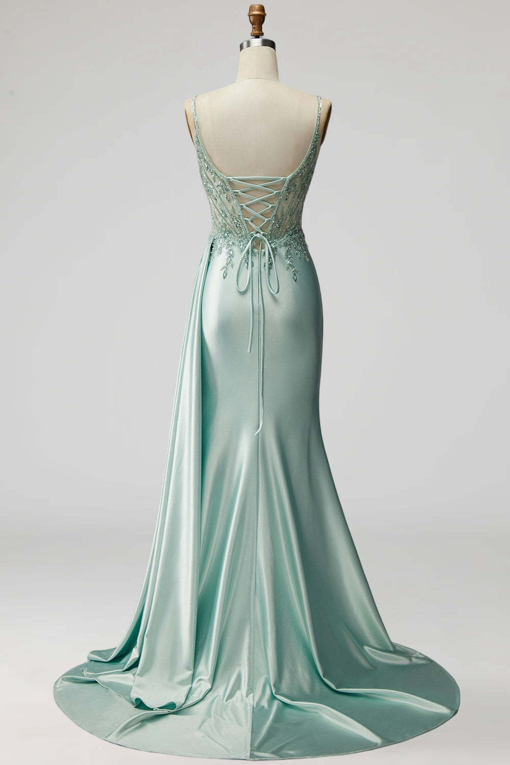 Light Green Sparkly Beaded Corset Mermaid Ruched Long Prom Dress with Slit