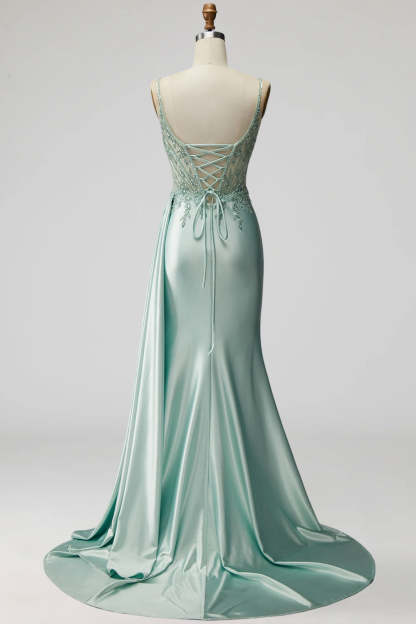 Light Green Sparkly Beaded Corset Mermaid Ruched Long Prom Dress with Slit