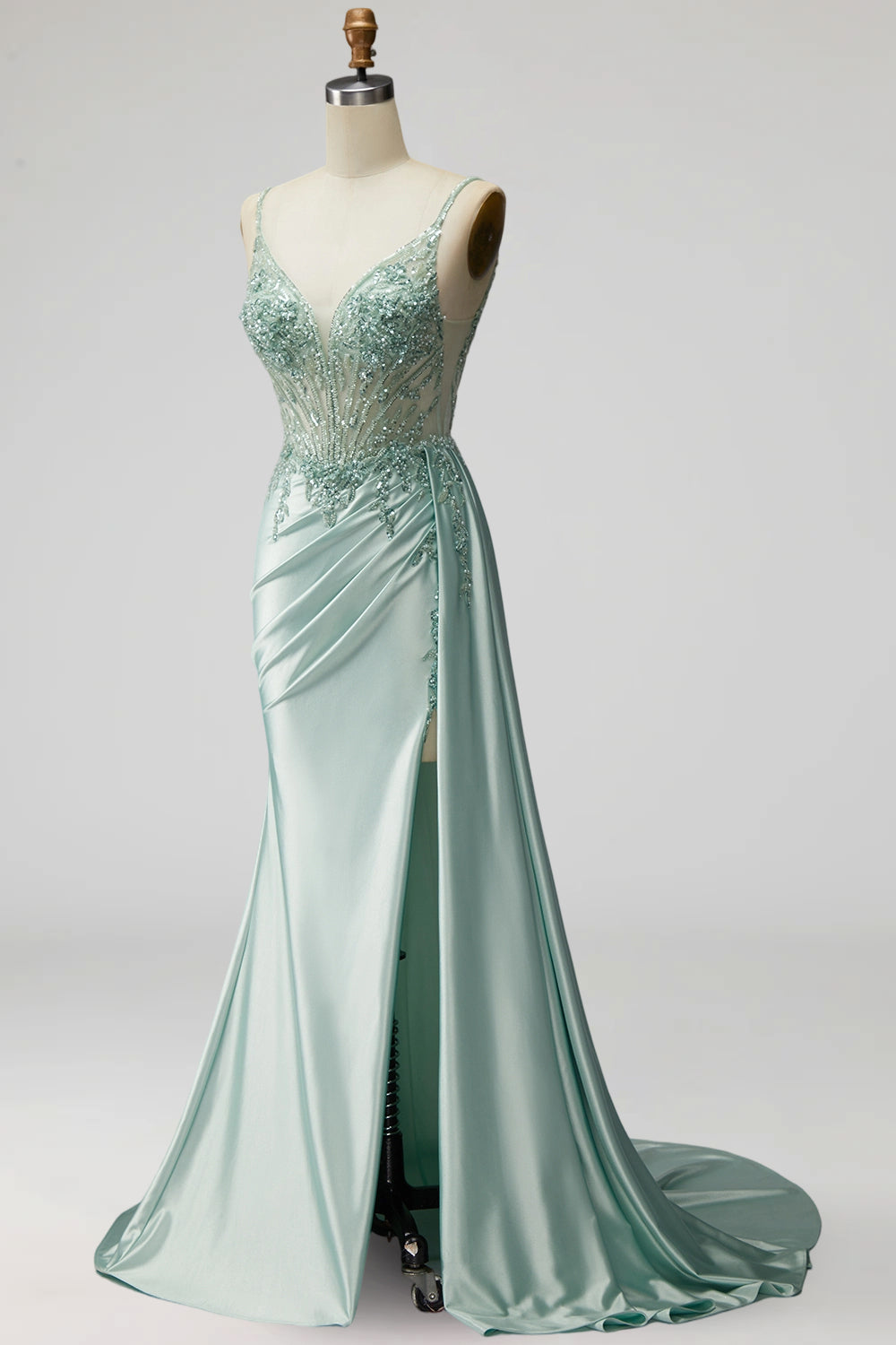 Light Green Sparkly Beaded Corset Mermaid Ruched Long Prom Dress with Slit